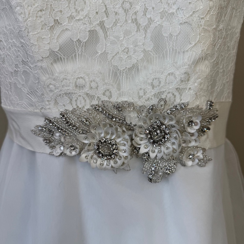 Davids Bridal Lace Tulle A-Line Wedding Dress Bead Sash WG3711 White Ivory - Picture 3 of 16